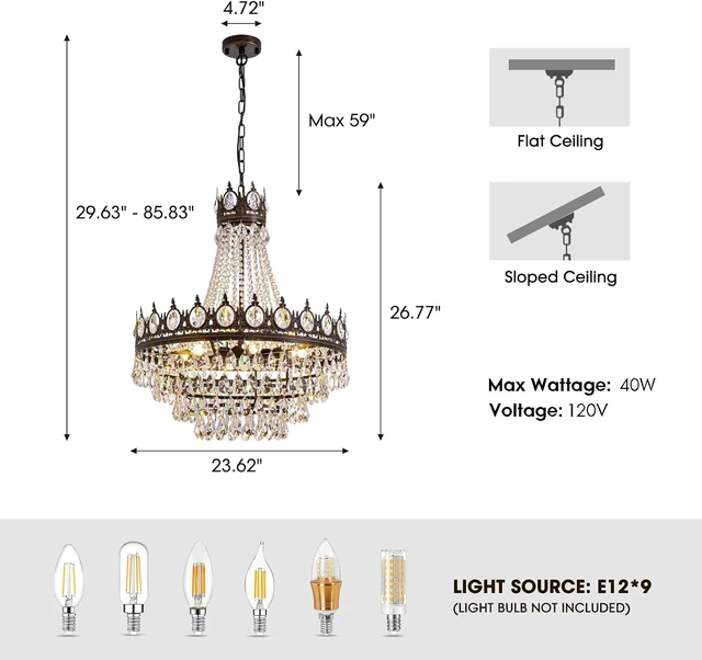 Alt view image 7 of 7 - 7PM French Empire Crystal Chandeliers, Vintage Crystal Chandelier, Antique Bronze Chandelier, Rustic Farmhouse Ceiling Light Fixture for Dining Room Bedroom Living Room Kitchen Foyer, W 24"