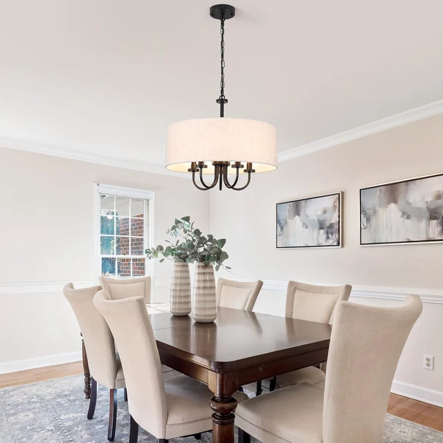 Alt view image 2 of 7 - 5-Light Matte Black Farmhouse 19" Drum Chandelier White Linen Adjustable