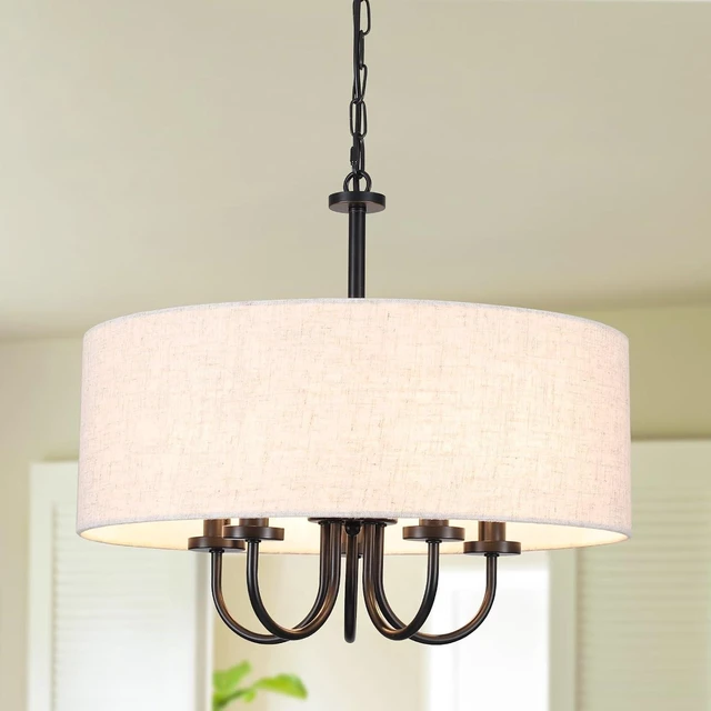 Main image of 5-Light Matte Black Farmhouse 19" Drum Chandelier White Linen Adjustable