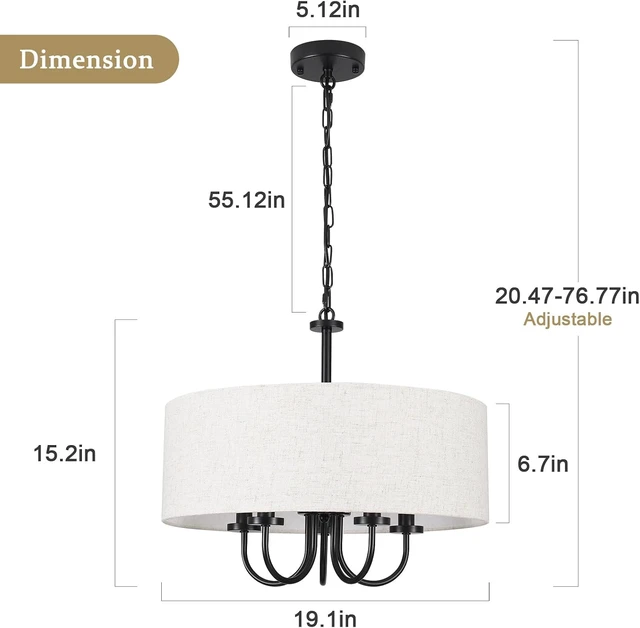 Alt view image 3 of 7 - 5-Light Matte Black Farmhouse 19" Drum Chandelier White Linen Adjustable