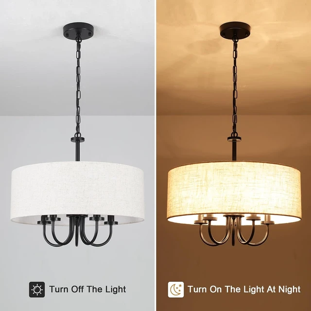 Alt view image 4 of 7 - 5-Light Matte Black Farmhouse 19" Drum Chandelier White Linen Adjustable