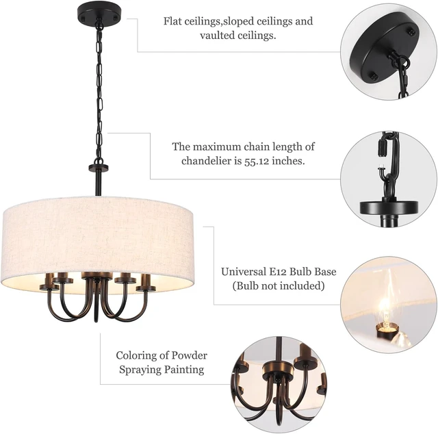 Alt view image 6 of 7 - 5-Light Matte Black Farmhouse 19" Drum Chandelier White Linen Adjustable