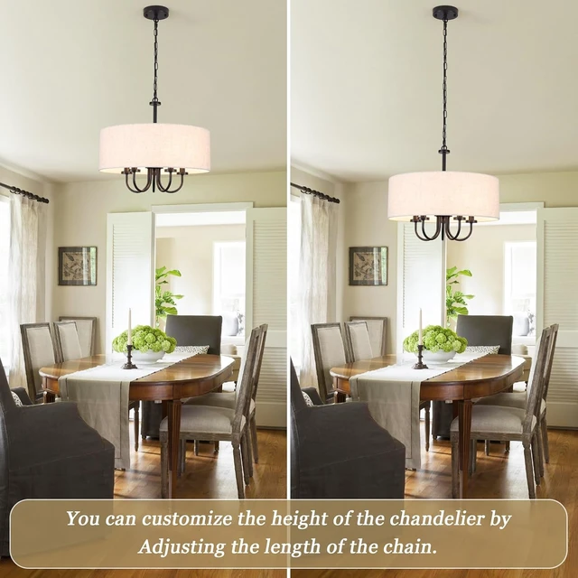 Alt view image 5 of 7 - 5-Light Matte Black Farmhouse 19" Drum Chandelier White Linen Adjustable