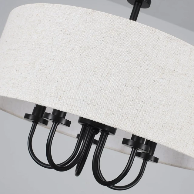 Alt view image 7 of 7 - 5-Light Matte Black Farmhouse 19" Drum Chandelier White Linen Adjustable
