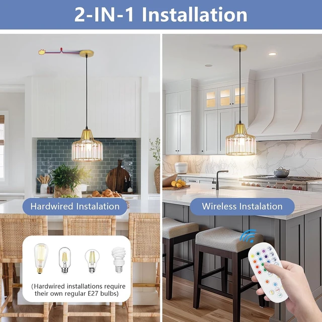 Alt view image 4 of 7 - Battery Operated Pendant Lights,Rechargeable Pendant Light with Remote,Gold Pendant Light Fixtures for Kitchen Island,Modern Crystal Hanging Lights for Bedroom,Dining Room Hallway Entryway