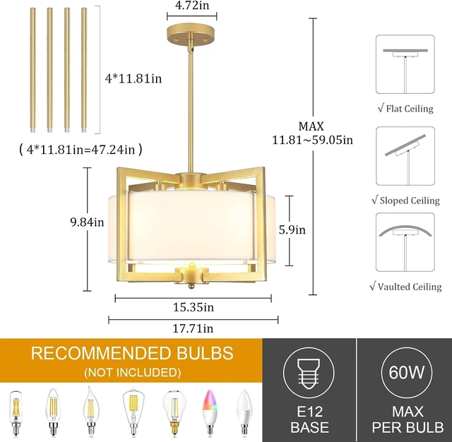 Alt view image 3 of 7 - 4-Light Modern Chandelier for Dining Room, 18'' Drum Pendant Light Fixture Chandelier with Fabric Shade, Farmhouse Chandeliers Hanging Lighting Fixtures for Foyer Entryway Living Room, Gold
