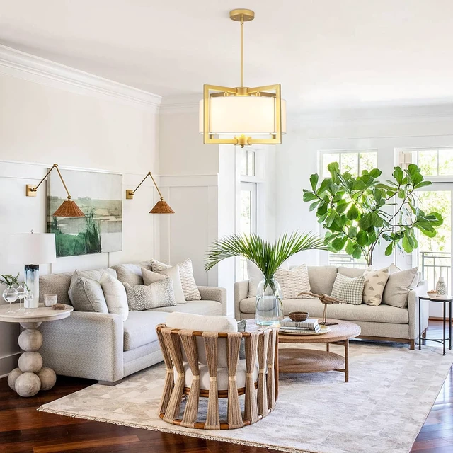 Alt view image 2 of 7 - 4-Light Modern Chandelier for Dining Room, 18'' Drum Pendant Light Fixture Chandelier with Fabric Shade, Farmhouse Chandeliers Hanging Lighting Fixtures for Foyer Entryway Living Room, Gold