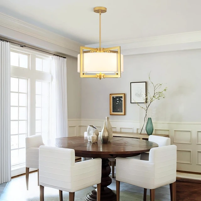 Alt view image 5 of 7 - 4-Light Modern Chandelier for Dining Room, 18'' Drum Pendant Light Fixture Chandelier with Fabric Shade, Farmhouse Chandeliers Hanging Lighting Fixtures for Foyer Entryway Living Room, Gold