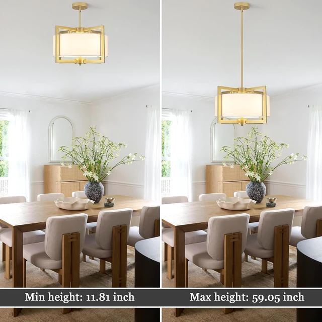 Alt view image 4 of 7 - 4-Light Modern Chandelier for Dining Room, 18'' Drum Pendant Light Fixture Chandelier with Fabric Shade, Farmhouse Chandeliers Hanging Lighting Fixtures for Foyer Entryway Living Room, Gold