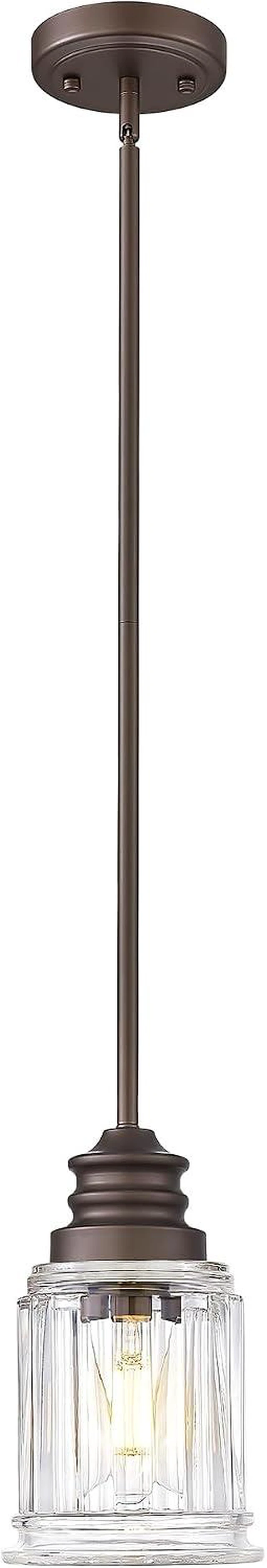 Main image of Farmhouse Pendant Light for Kitchen Island, HWH Oil-Rubbed Bronze Finish Pendant Light, Single 1-Light Hanging Light Fixture, Bell-Shaped Fluted Clear Glass, 5HZG106MIL-L ORB