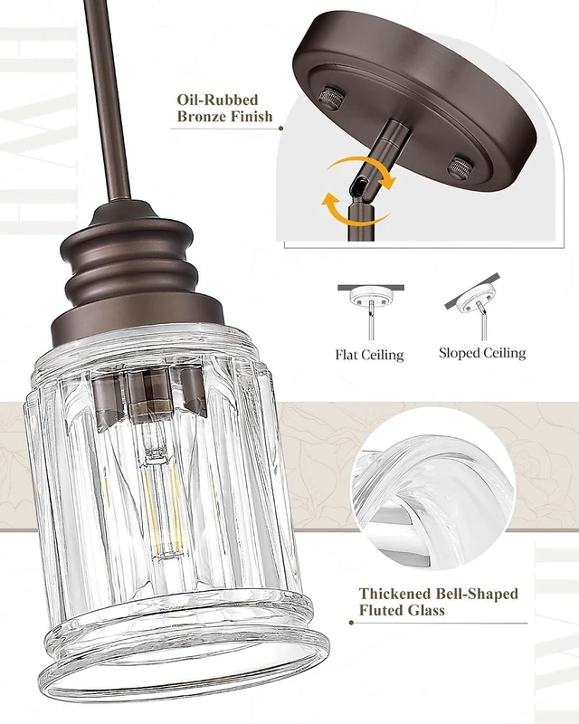 Alt view image 2 of 7 - Farmhouse Pendant Light for Kitchen Island, HWH Oil-Rubbed Bronze Finish Pendant Light, Single 1-Light Hanging Light Fixture, Bell-Shaped Fluted Clear Glass, 5HZG106MIL-L ORB