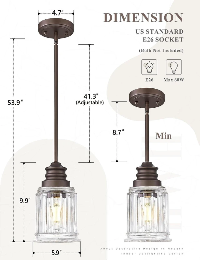 Alt view image 3 of 7 - Farmhouse Pendant Light for Kitchen Island, HWH Oil-Rubbed Bronze Finish Pendant Light, Single 1-Light Hanging Light Fixture, Bell-Shaped Fluted Clear Glass, 5HZG106MIL-L ORB