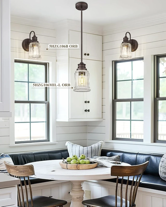 Alt view image 6 of 7 - Farmhouse Pendant Light for Kitchen Island, HWH Oil-Rubbed Bronze Finish Pendant Light, Single 1-Light Hanging Light Fixture, Bell-Shaped Fluted Clear Glass, 5HZG106MIL-L ORB