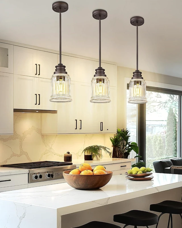 Alt view image 7 of 7 - Farmhouse Pendant Light for Kitchen Island, HWH Oil-Rubbed Bronze Finish Pendant Light, Single 1-Light Hanging Light Fixture, Bell-Shaped Fluted Clear Glass, 5HZG106MIL-L ORB