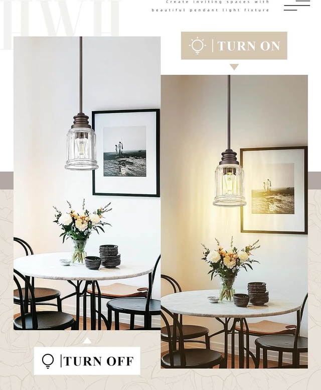 Alt view image 4 of 7 - Farmhouse Pendant Light for Kitchen Island, HWH Oil-Rubbed Bronze Finish Pendant Light, Single 1-Light Hanging Light Fixture, Bell-Shaped Fluted Clear Glass, 5HZG106MIL-L ORB