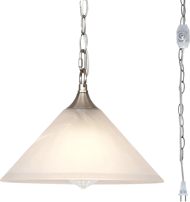 Main image of Plug in Pendant Light Alabaster Glass Dome Shade Hanging Lamp with Dimmable On/Off Switch,16.4Ft Cord & 14.7Ft Chain Brushed Nickel Swag Light Fixture for Kitchen Sink Bar Nook Farmhouse