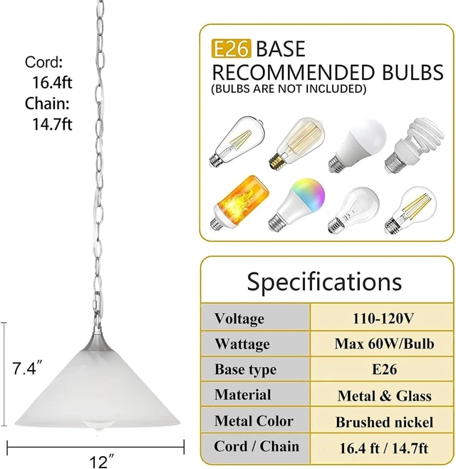 Alt view image 3 of 6 - Plug in Pendant Light Alabaster Glass Dome Shade Hanging Lamp with Dimmable On/Off Switch,16.4Ft Cord & 14.7Ft Chain Brushed Nickel Swag Light Fixture for Kitchen Sink Bar Nook Farmhouse
