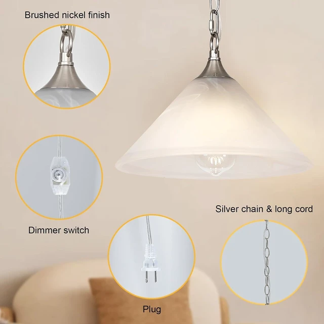 Alt view image 5 of 6 - Plug in Pendant Light Alabaster Glass Dome Shade Hanging Lamp with Dimmable On/Off Switch,16.4Ft Cord & 14.7Ft Chain Brushed Nickel Swag Light Fixture for Kitchen Sink Bar Nook Farmhouse