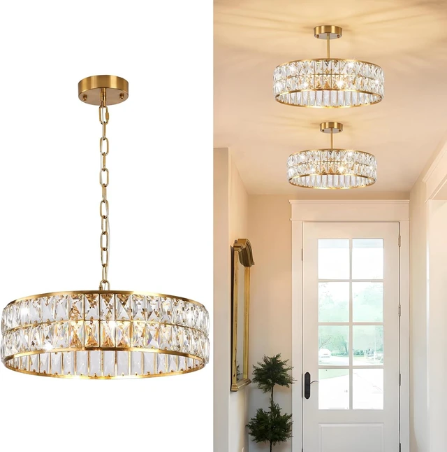 Main image of 6-Light Gold Crystal Chandelier,18'' Semi Flush Mount Ceiling Light