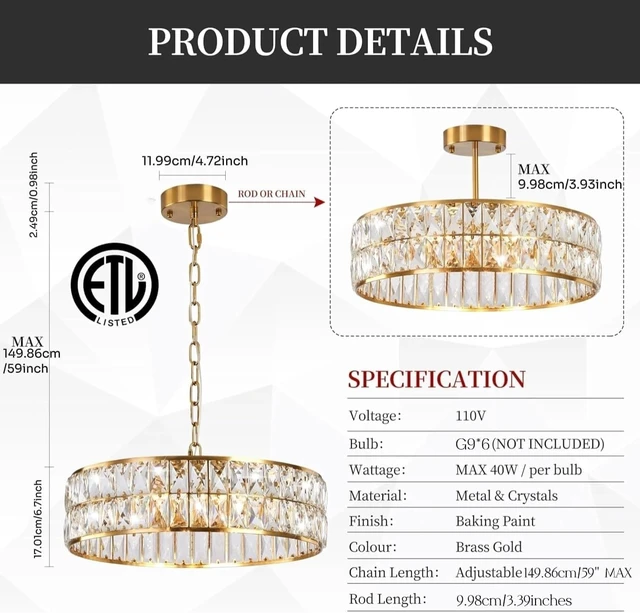 Alt view image 7 of 7 - 6-Light Gold Crystal Chandelier,18'' Semi Flush Mount Ceiling Light