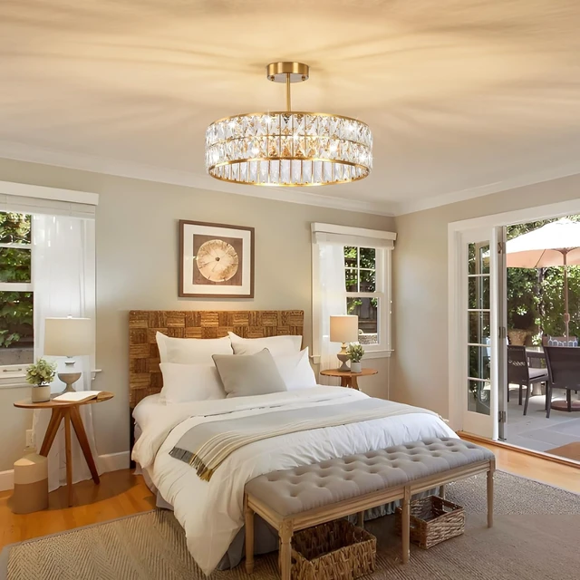 Alt view image 2 of 7 - 6-Light Gold Crystal Chandelier,18'' Semi Flush Mount Ceiling Light