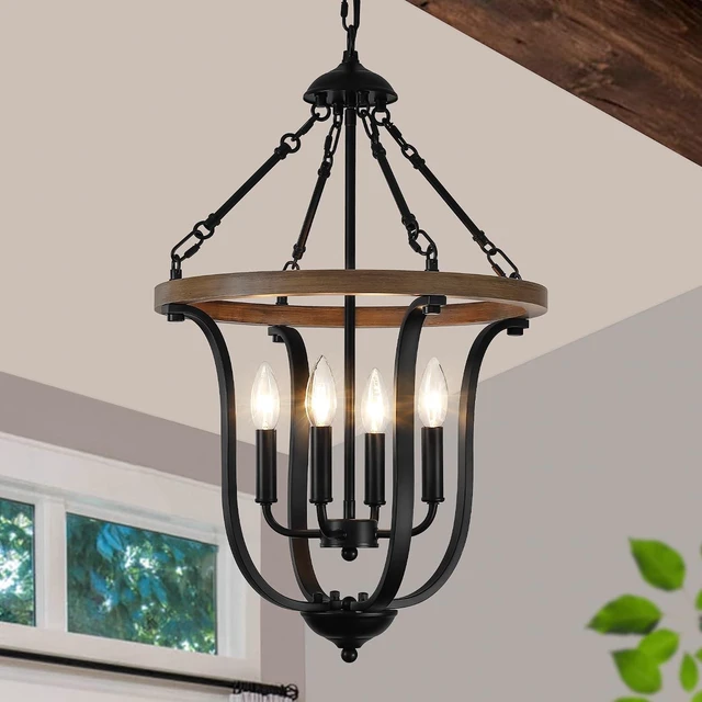 Main image of Black Farmhouse Chandelier for Dining Room, 4-Light Rustic Wood Chandelier with Industrial Cage, Pendant Light Fixture for Kitchen Island, Living Room, Entryway, Foyer, Bedroom, Hallway