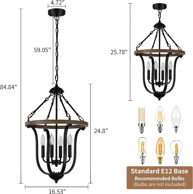 Alt view image 2 of 7 - Black Farmhouse Chandelier for Dining Room, 4-Light Rustic Wood Chandelier with Industrial Cage, Pendant Light Fixture for Kitchen Island, Living Room, Entryway, Foyer, Bedroom, Hallway