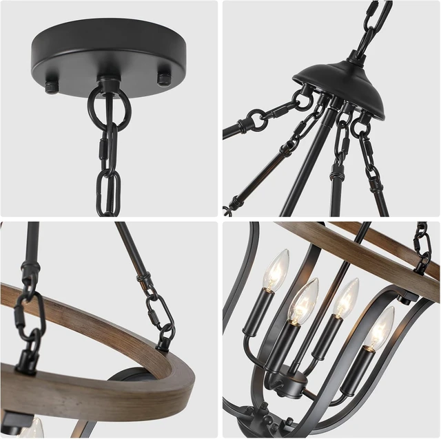Alt view image 3 of 7 - Black Farmhouse Chandelier for Dining Room, 4-Light Rustic Wood Chandelier with Industrial Cage, Pendant Light Fixture for Kitchen Island, Living Room, Entryway, Foyer, Bedroom, Hallway