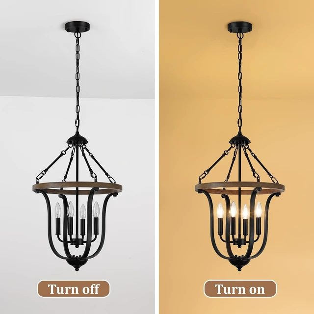 Alt view image 4 of 7 - Black Farmhouse Chandelier for Dining Room, 4-Light Rustic Wood Chandelier with Industrial Cage, Pendant Light Fixture for Kitchen Island, Living Room, Entryway, Foyer, Bedroom, Hallway