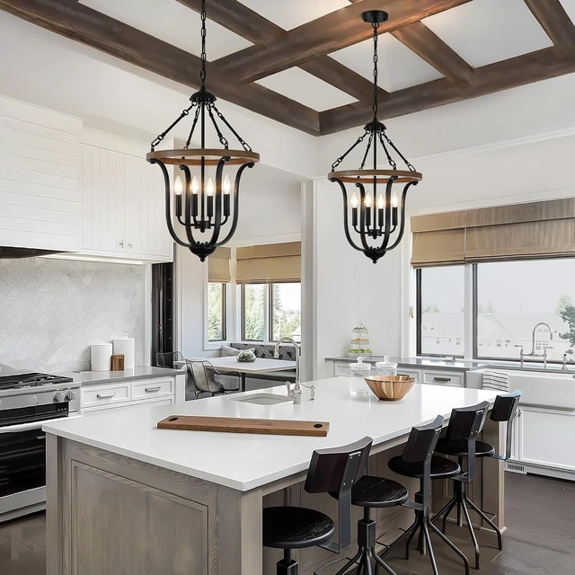 Alt view image 5 of 7 - Black Farmhouse Chandelier for Dining Room, 4-Light Rustic Wood Chandelier with Industrial Cage, Pendant Light Fixture for Kitchen Island, Living Room, Entryway, Foyer, Bedroom, Hallway