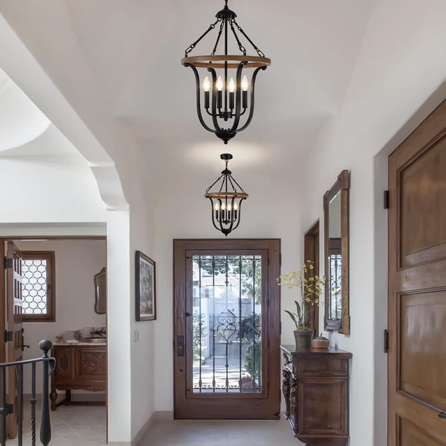 Alt view image 7 of 7 - Black Farmhouse Chandelier for Dining Room, 4-Light Rustic Wood Chandelier with Industrial Cage, Pendant Light Fixture for Kitchen Island, Living Room, Entryway, Foyer, Bedroom, Hallway
