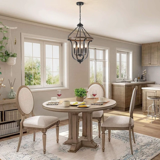Alt view image 6 of 7 - Black Farmhouse Chandelier for Dining Room, 4-Light Rustic Wood Chandelier with Industrial Cage, Pendant Light Fixture for Kitchen Island, Living Room, Entryway, Foyer, Bedroom, Hallway
