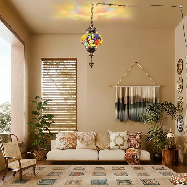 Alt view image 6 of 7 - 7.2" D Turkish Moroccan Mosaic Hanging Pendant Lamp Plug-in, Colorful