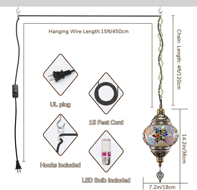 Alt view image 7 of 7 - 7.2" D Turkish Moroccan Mosaic Hanging Pendant Lamp Plug-in, Colorful