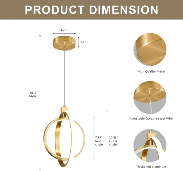 Alt view image 6 of 7 - Modern LED Chandelier Gold Ring Pendant Light Fixtures 4000K Dimmable Height Adjustable Pendant Lighting for Dining Room Kitchen Island Bedroom Living Room Foyer1-Pack