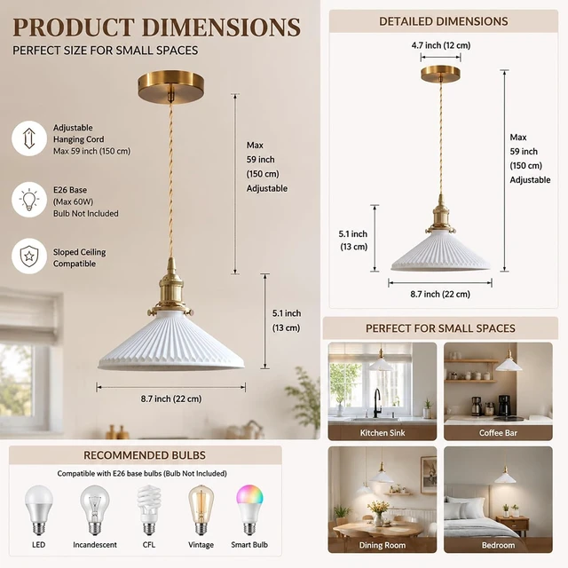 Alt view image 2 of 7 - Ceramic Pendant Light, Pleated Ceramic Hanging Light, Brass Fixture
