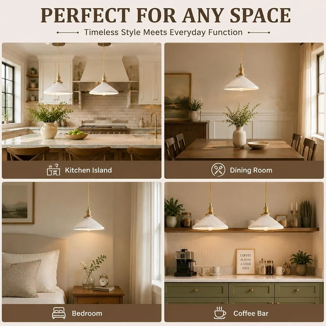 Alt view image 4 of 7 - Ceramic Pendant Light, Pleated Ceramic Hanging Light, Brass Fixture
