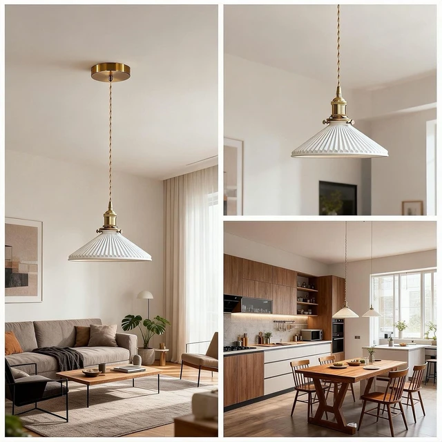Alt view image 6 of 7 - Ceramic Pendant Light, Pleated Ceramic Hanging Light, Brass Fixture