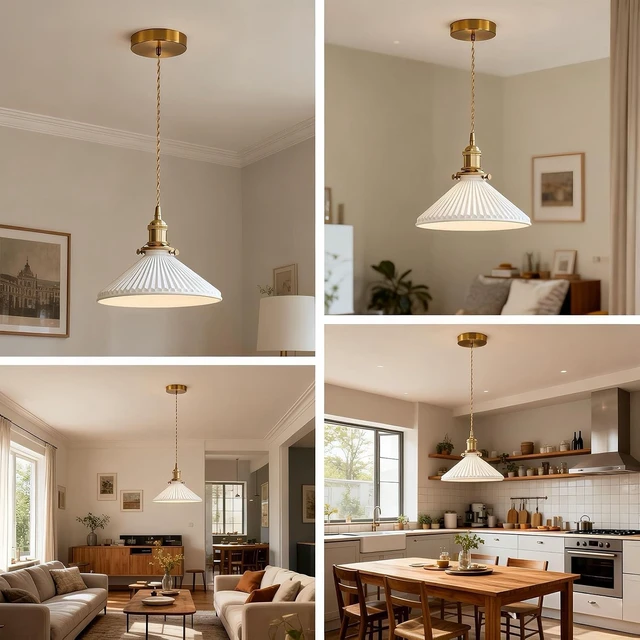 Alt view image 7 of 7 - Ceramic Pendant Light, Pleated Ceramic Hanging Light, Brass Fixture