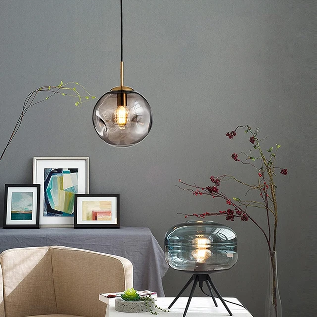 Alt view image 3 of 6 - Brikey Glass Spherical Pendant Light,Gold Iron & Glass Globe Hanging Ceiling Lamp (7.8, Grey)
