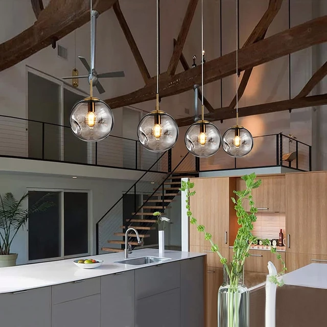Alt view image 4 of 6 - Brikey Glass Spherical Pendant Light,Gold Iron & Glass Globe Hanging Ceiling Lamp (7.8, Grey)