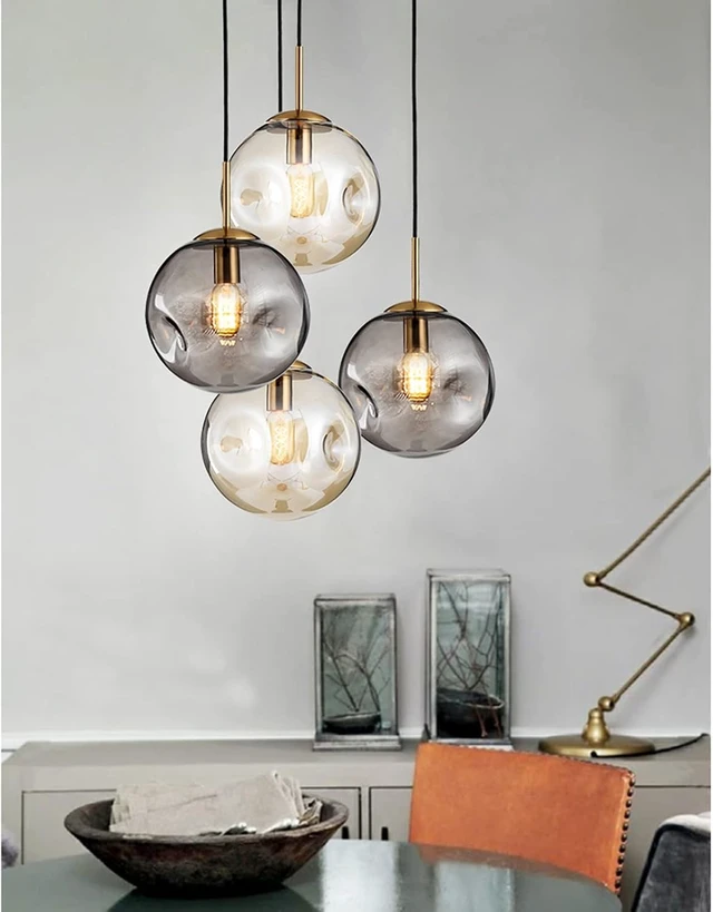 Alt view image 6 of 6 - Brikey Glass Spherical Pendant Light,Gold Iron & Glass Globe Hanging Ceiling Lamp (7.8, Grey)