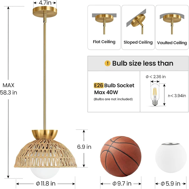 Alt view image 3 of 7 - AIJIASI Rattan Pendant Light, 11.8" Hand Woven Boho Pendant Light Fixture with Milk Glass Globe, Gold Kitchen Pendant Lighting Over Island Adjustable Chandelier for Dining Room Hallway Foyer