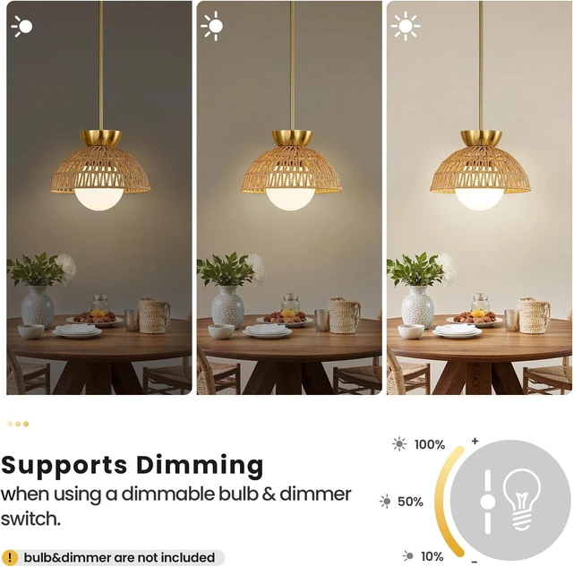 Alt view image 7 of 7 - AIJIASI Rattan Pendant Light, 11.8" Hand Woven Boho Pendant Light Fixture with Milk Glass Globe, Gold Kitchen Pendant Lighting Over Island Adjustable Chandelier for Dining Room Hallway Foyer