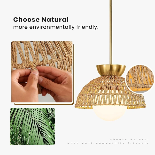 Alt view image 6 of 7 - AIJIASI Rattan Pendant Light, 11.8" Hand Woven Boho Pendant Light Fixture with Milk Glass Globe, Gold Kitchen Pendant Lighting Over Island Adjustable Chandelier for Dining Room Hallway Foyer