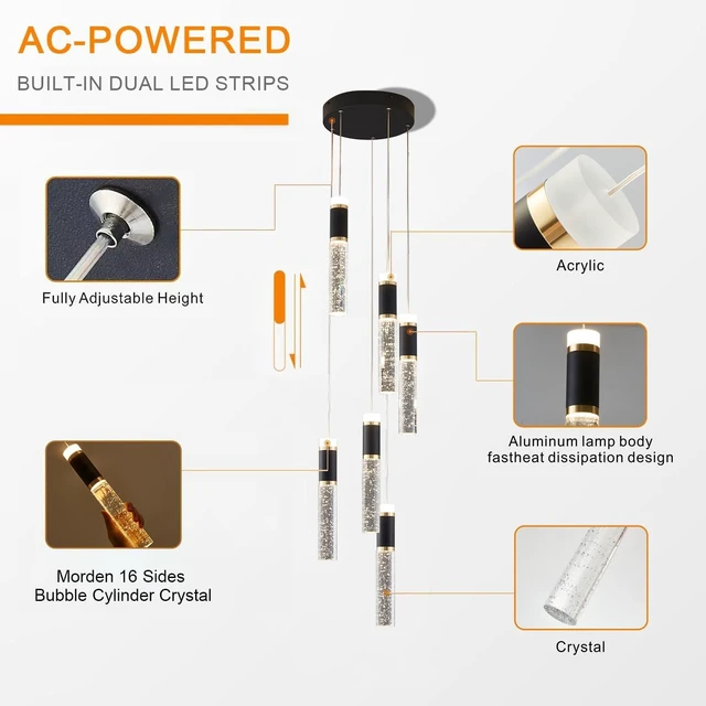 Alt view image 5 of 7 - 6-Lights Led Chandelier, Black and Gold Crystal Modern Led Chandelier for Dining Room, Luxury Dimmable Enterway Led Pendant Lights Fixture with Remote Control Flush Mount