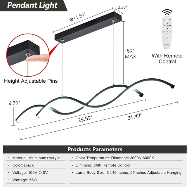 Alt view image 4 of 7 - Modern LED Chandelier 31.49in Waving Linear Pendant Light Dimmable 3000K-6000K with Remote Control Hanging Island Light Fixture for Dining Room Living Room