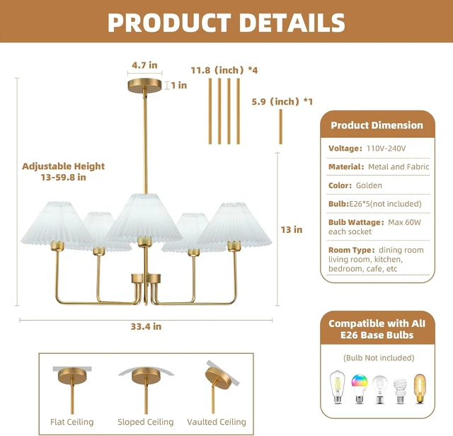 Alt view image 4 of 7 - 33.4 Gold Chandelier, 5-Light Vintage Chandelier for Dining Room