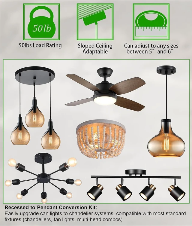 Alt view image 4 of 7 - 5 & 6 Inch Recessed Can Light Conversion Kit, Upgrade to Stylish Pendant & Hanging Light, Ceiling Fan Compatible, Includes 8-Inch 3D Ceiling Medallion (Matte White Finish, 1-Pack)