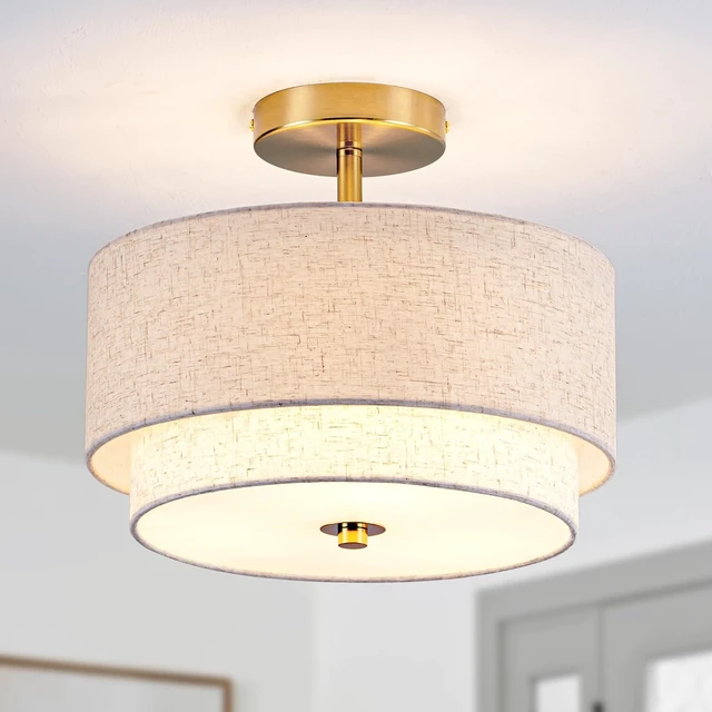 Alt view image 2 of 7 - Zlepmlla 12.6'' Semi Flush Mount Ceiling Light, Gold Light Fixture with Two Layers Fabric Linen Shade, 3-Light Drum Light Fixture for Entryway Bedroom Hallway Foyer Kitchen